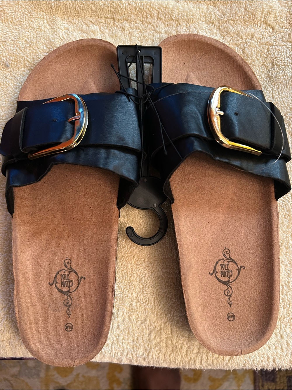 Black Slide Sandals with Gold Buckles